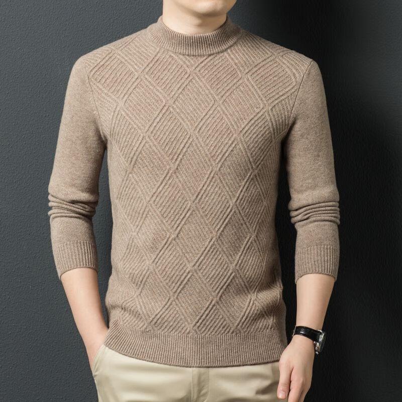 Fengxun Men's 100% Lambswool Cable Knit Mock Neck Sweater FXT5229