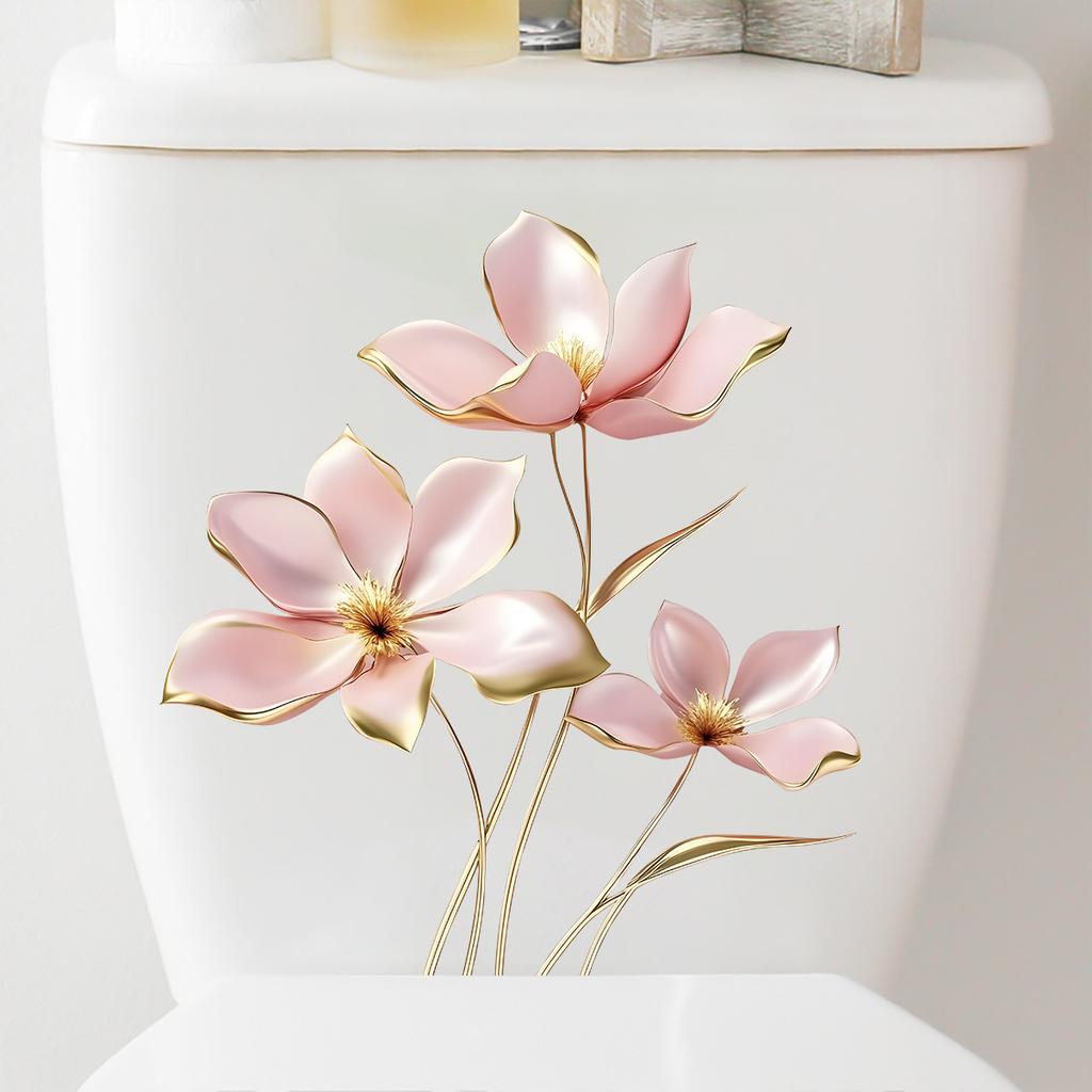 3D Pink Floral Toilet Stickers, Dimensional Flower Wall Decals for Bathroom Waterproof Removable Decor