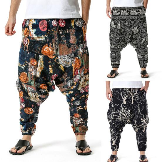 Herren Hose Bedruckt Tiefer Schritt Sommer Multi-Taschen Lockere Hose für Strand