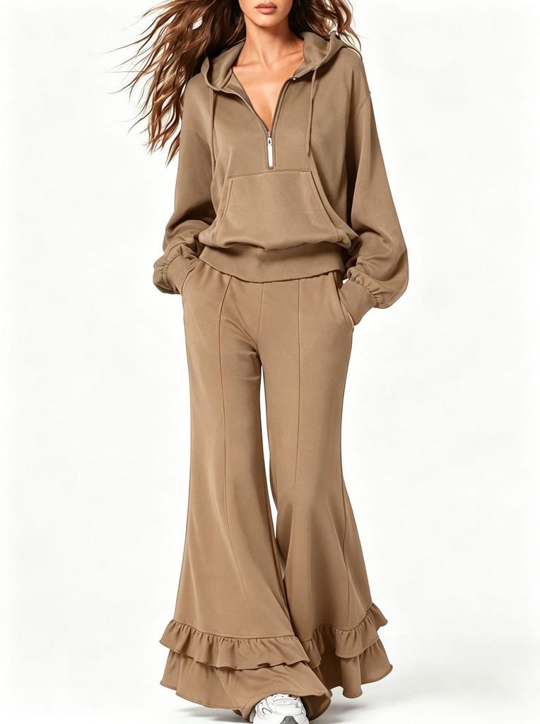 2026 Amazon popular women's clothing casual hooded half-zipper sweater set ruffle edge flared pants two-piece set women