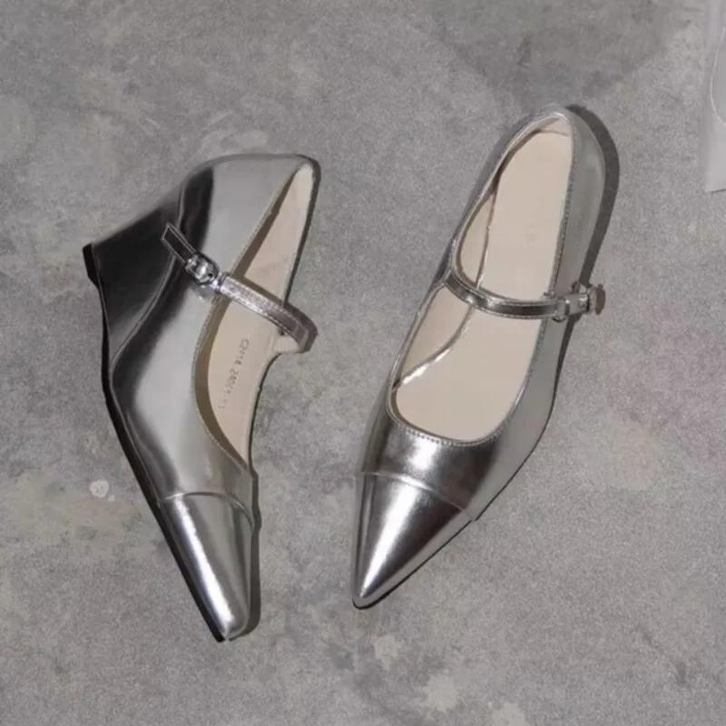 

Fashion Pointed Toe Shallow Mouth Soft Sole Non-slip High Heel Low Top Shoes Wedge One Strap Single Shoes 41 срібний