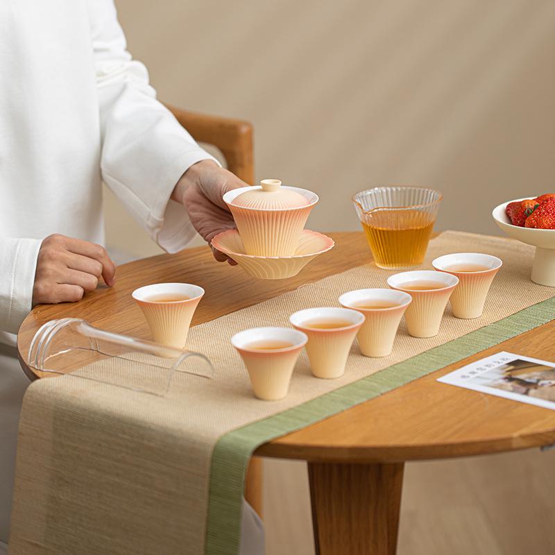 Gradient Fireworks Blooming Gaiwan Teacup Set - High-end Ceramic Kung Fu Tea Set with Gift Box for Spring Festival Souvenir