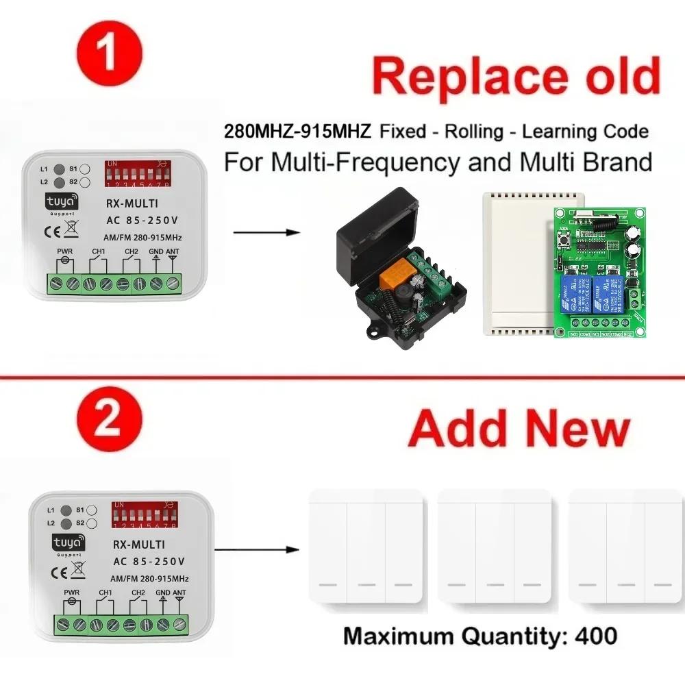 110V 220V 2CH 280-915MHz Tuya WiFi Garagentor Fernbedienungsempfänger RF 433Mhz Wandschalter für Haushaltsgerät LED-Lampe