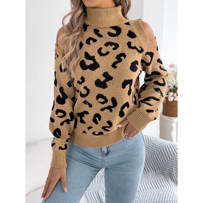 Women S Leopard Print Long Sleeve High Neck Casual Sweater
