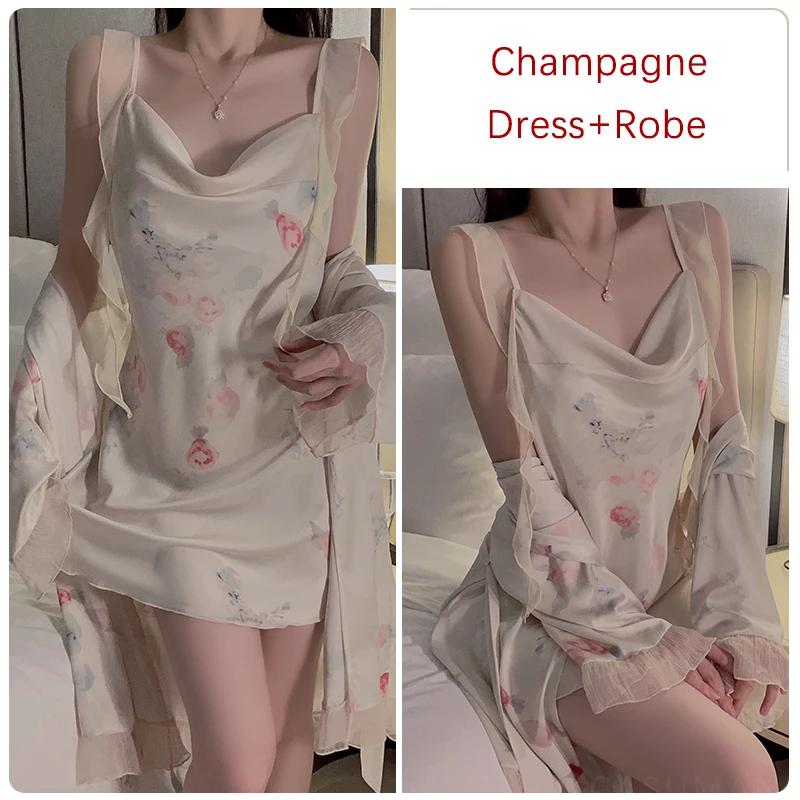 Underwear For Women Suit Floral Print Mesh Ribbon Champagne Backless Sexy Pajamas Pajamas for Women's