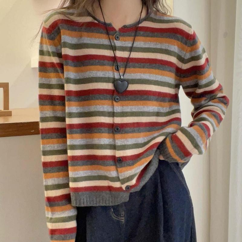 Striped Top Women Slimming Sweater Spring Autumn Loose Round Neck Pullover Knit Fashion Versatile