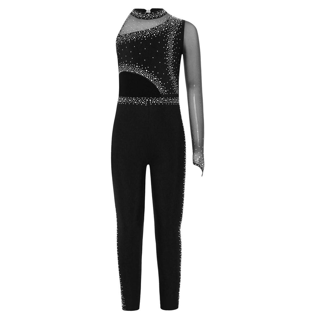 Girls Gymnastics Jumpsuit Sheer Mesh Patchwork Cutout Asymmetrical Design Mock Neck Sparkly Rhinestones Full Body Leotard