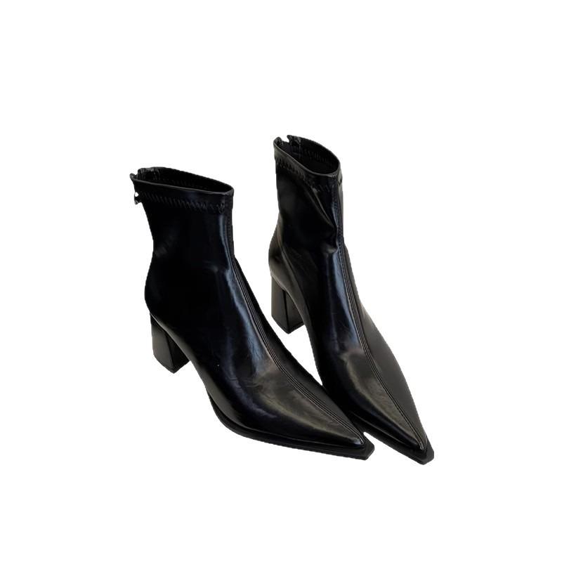 High-heeled Pointed Short Boots Women's Thick-heeled Rear Zipper New Autumn and Winter Black Patent Leather Premium Martin Boots
