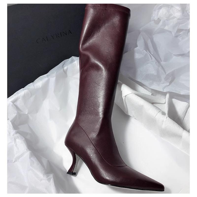 Fashion Beautiful Solid Color Soft Leather Pointed Toe Thin Heel Side Zipper Stretch Women's Boots 2025 New Internet Celebrity High Heel