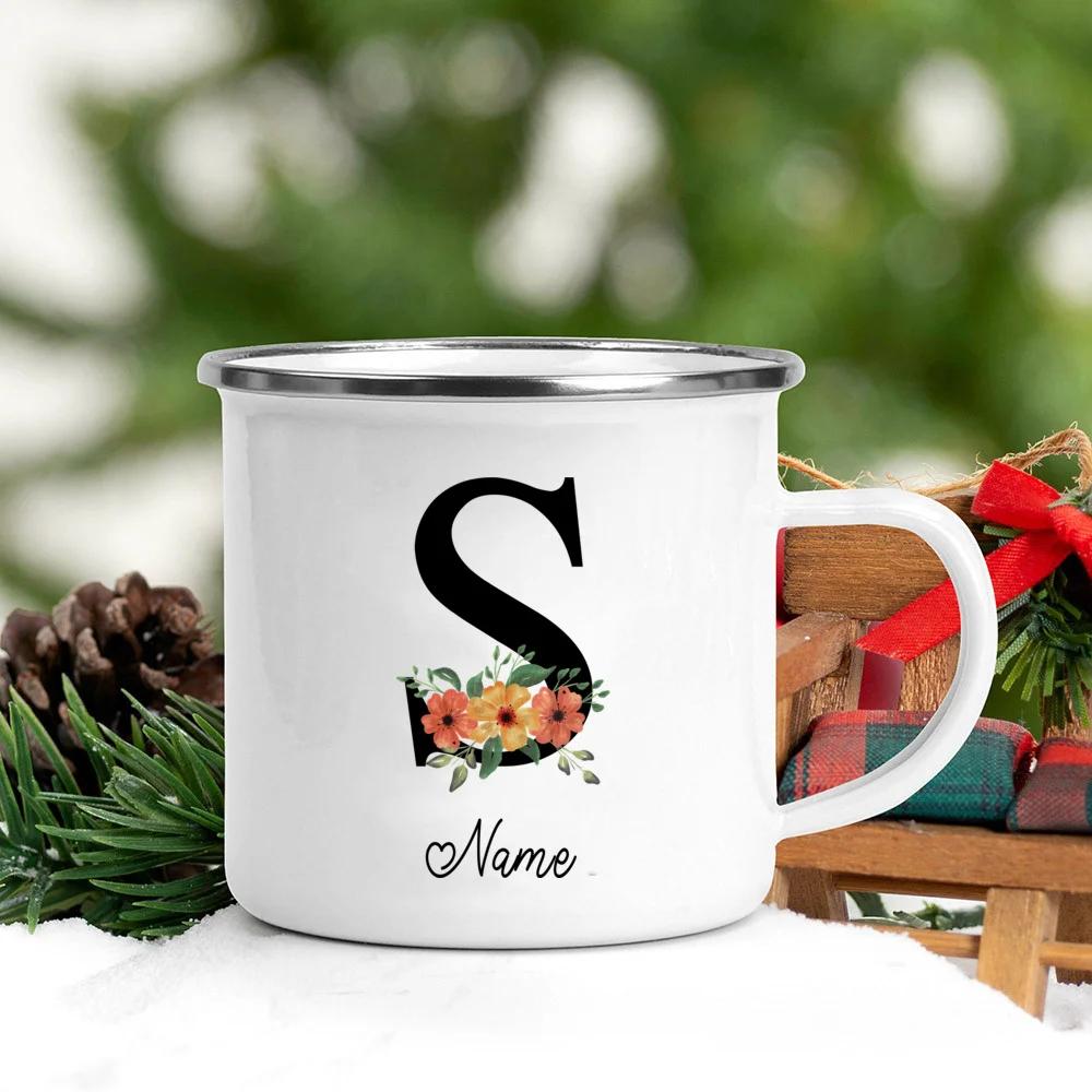 Personalisierte Namens Emailletasse Benutzerdefinierte Blume Buchstabe Alphabet Tasse Camping Henkel Kaffee Tee Milch Tassen Festliche Geburtstagsgeschenke
