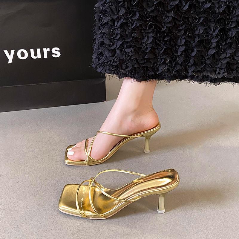 French thin strap square head one-word sandals women niche high-heeled sandals women 2025 summer silver fine heel temperament versatile