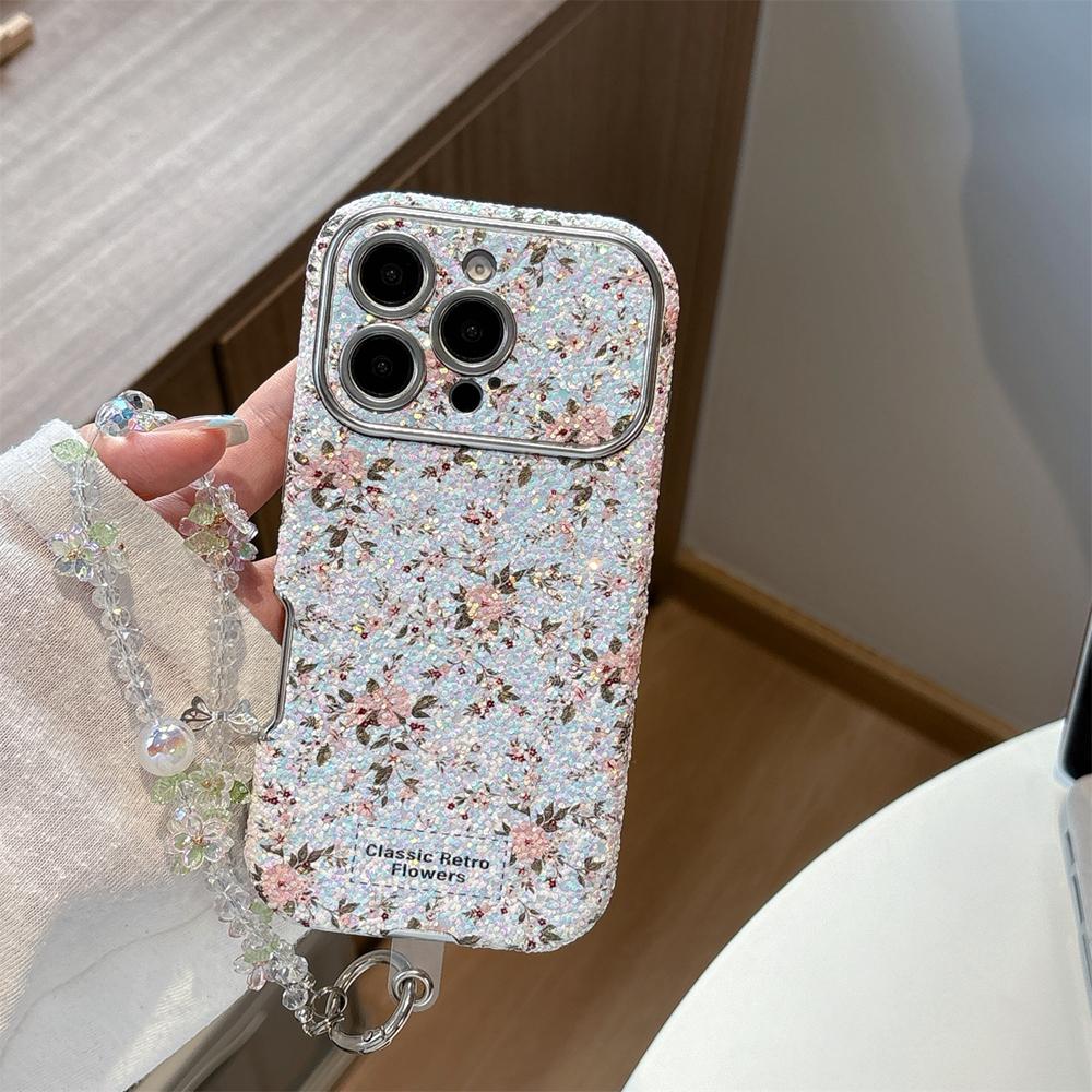 KEYSION Women Girl's Flower Phone Case for iPhone 14 15 16 17 Pro Max Rounded Edges Shockproof Cover with Bead Bracelet Chain