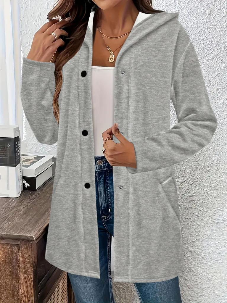 TikTok Amazon Cross-border Foreign Trade Autumn and Winter Large Size Solid Color Hooded Jacket Thickened Single-row Button Women's Top