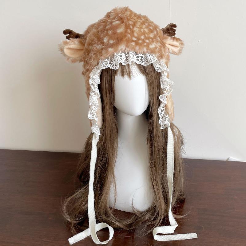 1 Piece of Plush Deer Lace Ear Protection Hat for Christmas Party, Winter Outings, Soft and Warm Material, Cute and Exquisite