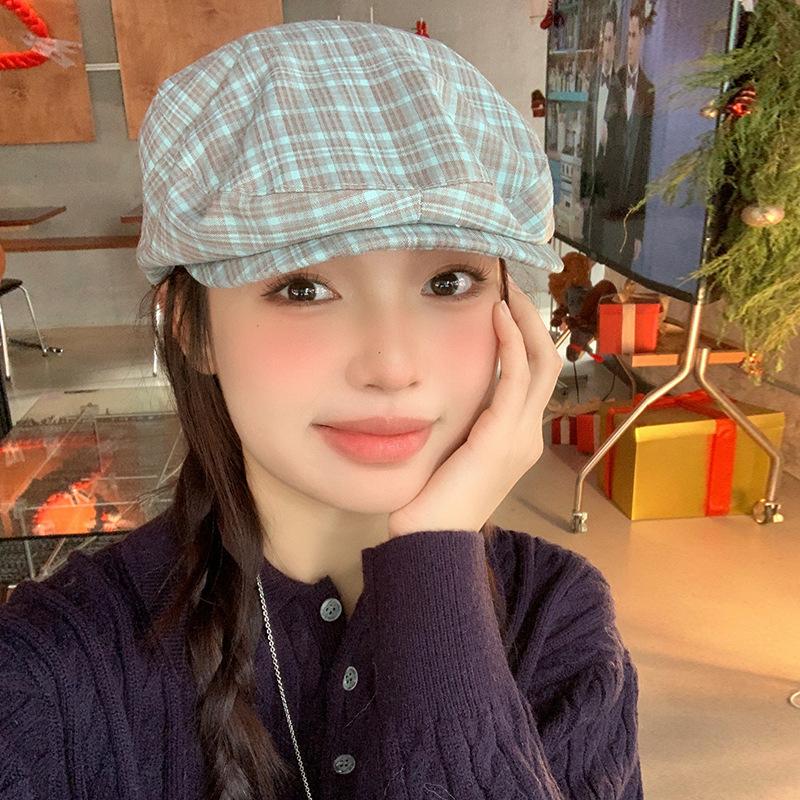 Japanese Retro Plaid Forward Hat Female Spring Summer Atmosphere Reverse Wearing Beret Show Face Small Newsboy Painter Hat