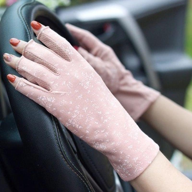 

Summer Sun Protection Gloves Half Finger Women s Short UV Protection Driving Ultra-Thin Cycling Leakage Finger Pure Cotton Open Finger Cycling Floral half-finger leather powder One size