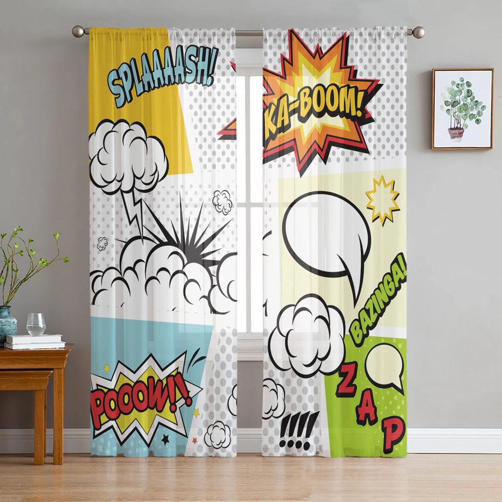 Comic Art Boom Star Voile Curtains Kitchen Living Room Bedroom Decoration Chiffon Tulle Window Treatment Light Filtering Made Of Polyester Area Decor