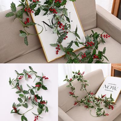 2M Künstliche Stechpalmenblätter und rote Beeren, Weihnachts-Rattan, DIY-Girlande, Kranz, Weihnachtsbaum, hängende Ornamente, Heimdekoration