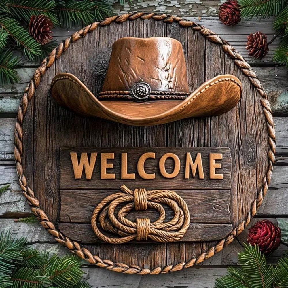 Western Rustic Welcome Sign with Cowboy Hat Rope 8x8 Inch Wall Art for Home Bar Office Gift