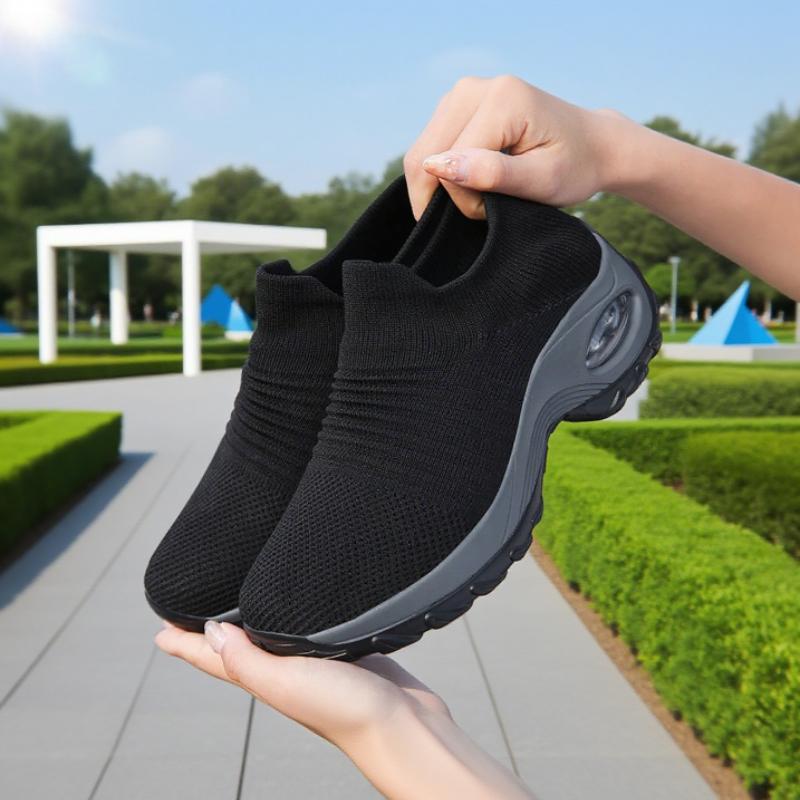 Women Black Walking Shoes Fashionable Comfortable Mesh Sneakers Breathable Thick Sole Anti Slip Sleeve Loafers Platform Sneakers