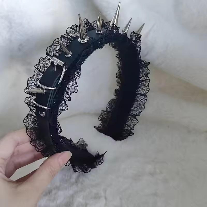 

Vintge Punk Spike Lace Headband for Women Cosplay Accessory PU Leather Rivet Headwear Subculture Y2K Headdress Hair Accessories чёрный