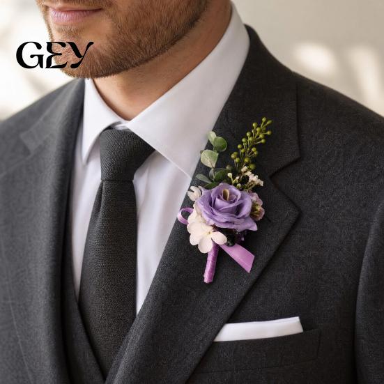 Durable Suit Pin Purple Wedding Boutonniere, Artificial Silk Flower Lapel for High-end Brooch Groom Bride Parents, Romantic Wrist Corsage Bridal Party