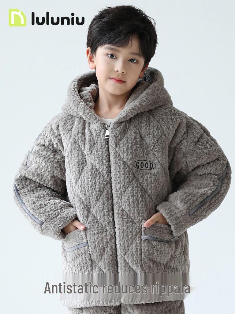 Boys' Winter Quilted Flannel Pajamas - Three-Layer, Medium & Large, Coral Fleece Warm Homewear