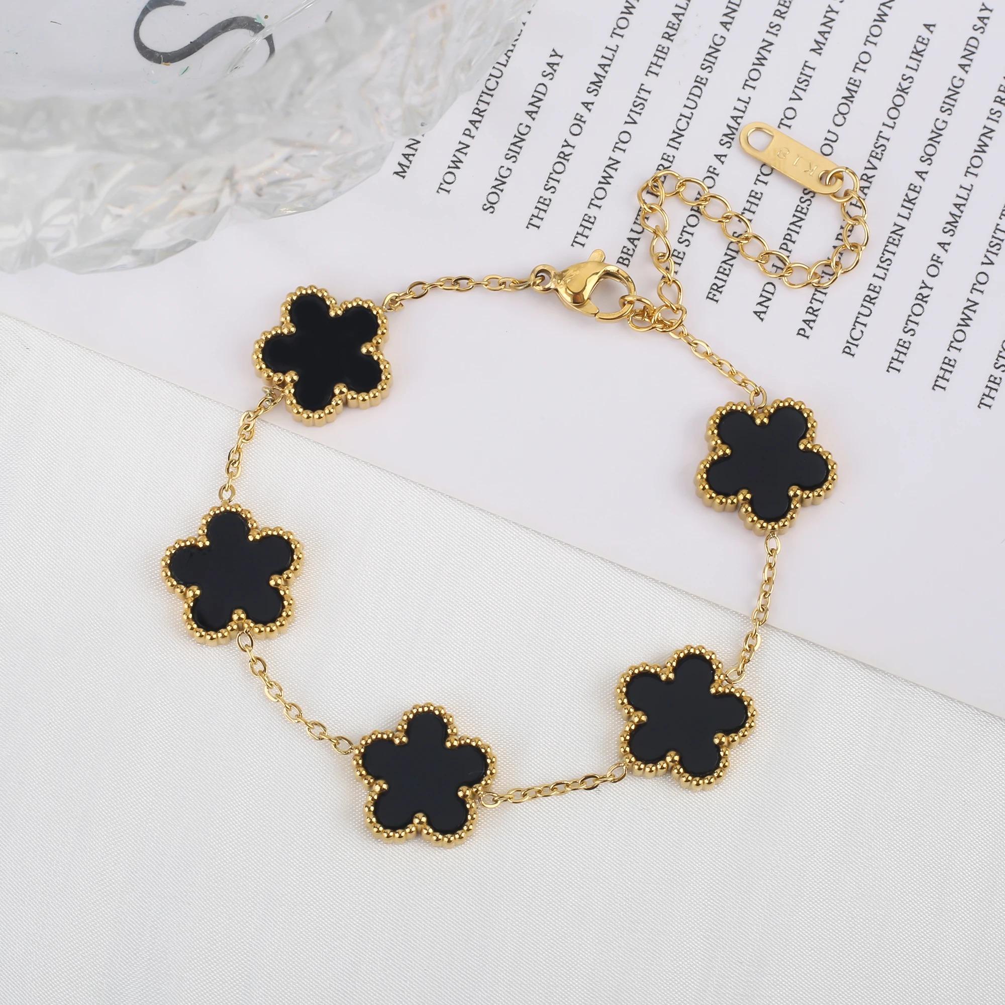jewelry  stainless steel five-leaf flower necklace bracelet earrings set high sense women s shamrock jewelry party