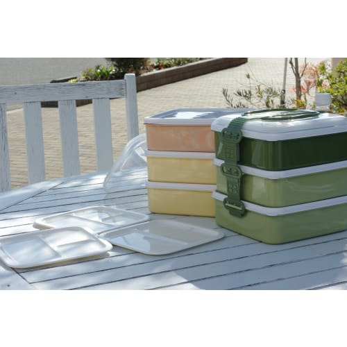 Sanko Plastic Rio Pack Bento Box/Picnic Case, 3 Tiers with 3 Side Plates, Earth Beige, Approx. 8.2" W X 7.7" D X 7.7" H