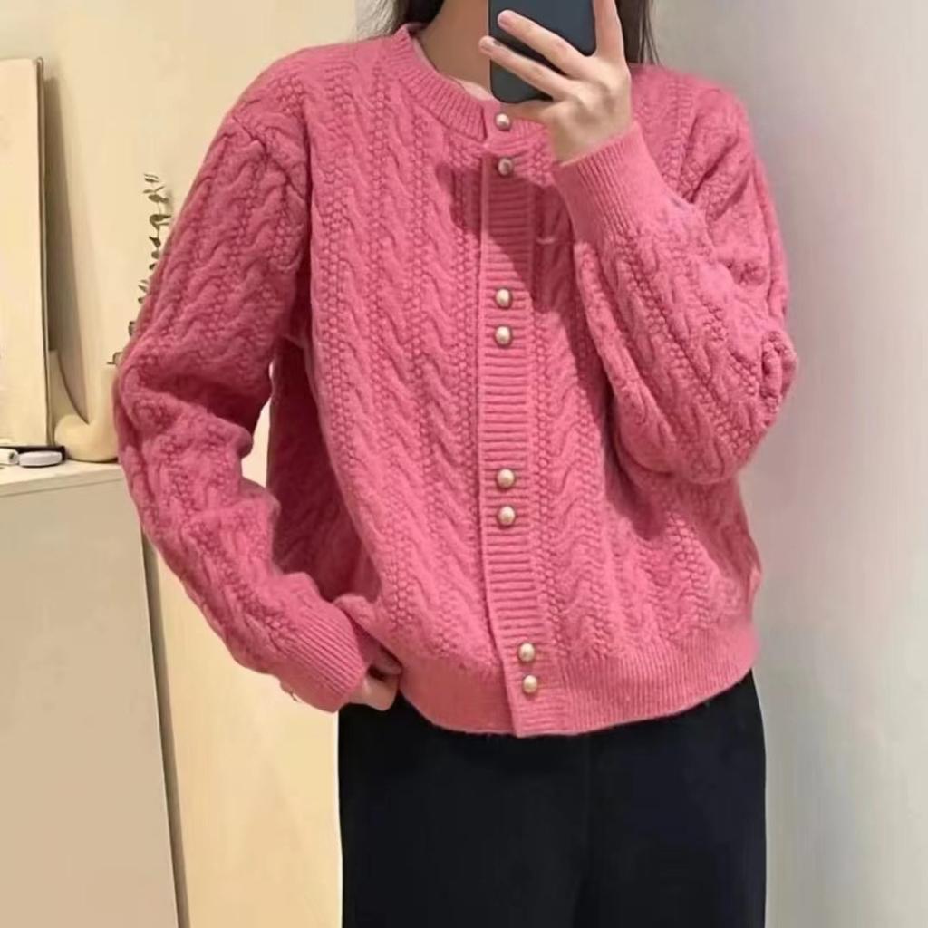 Retro Autumn and Winter Twist Crew Neck Pearl Buckle Knitted Cardigan Women's Soft Waxy Comfortable Versatile Sweater Jacket