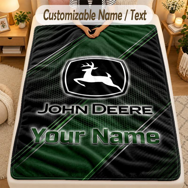 Flannel BlanketJohn Deere Custom Name Text Personalized Soft Warm Throw Blanket Home Decor Gift