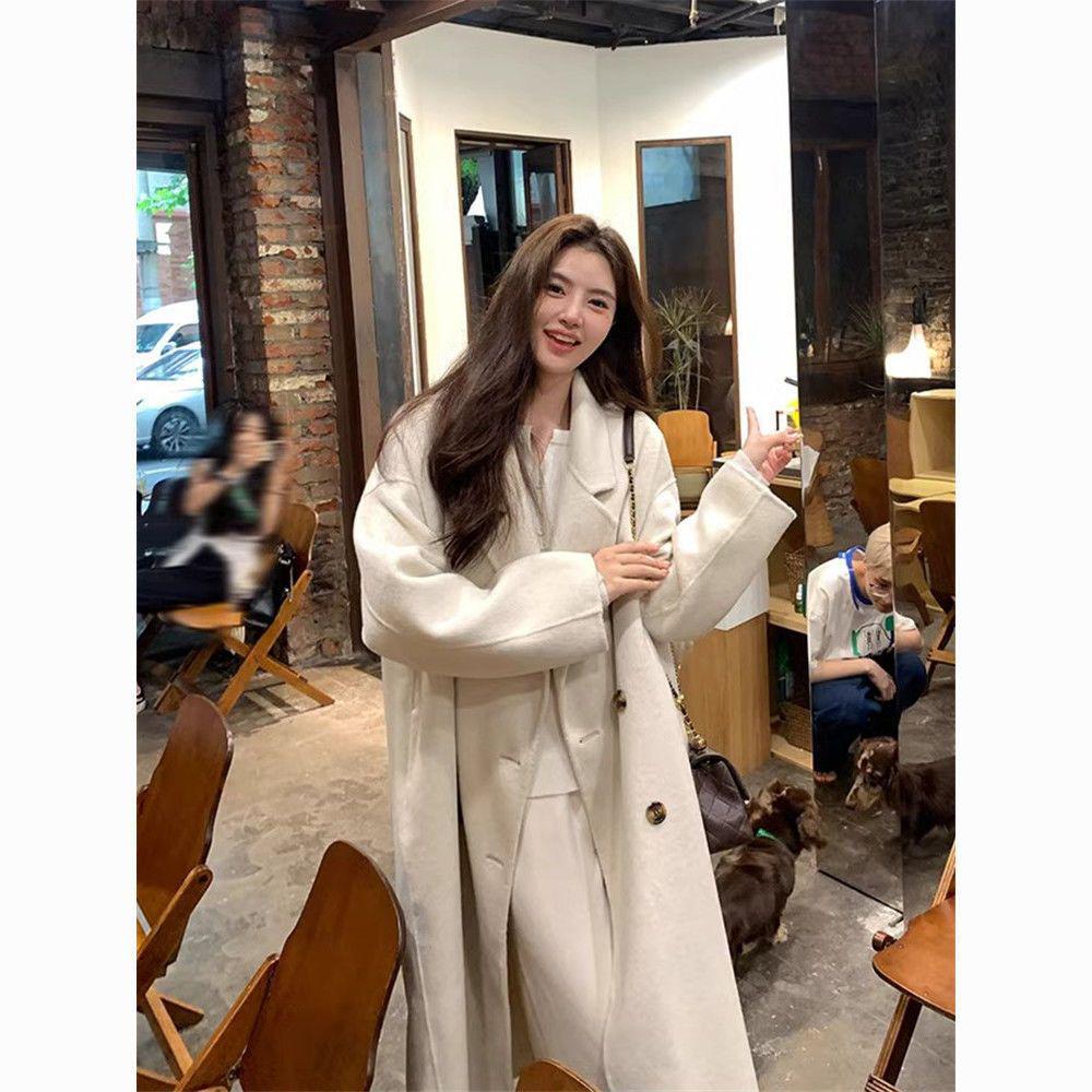 Women's Mid-Length Hepburn-Style Wool Felt Coat - Autumn/Winter Plus Velvet Thickened Petite Fit