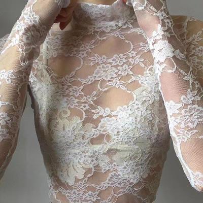 Tricou cu mâneci lungi din plasă cu dantelă și gât semi-înalt în stil francez pentru femei, ușor, transparent, protecție solară, croială slim, top pentru fată picantă