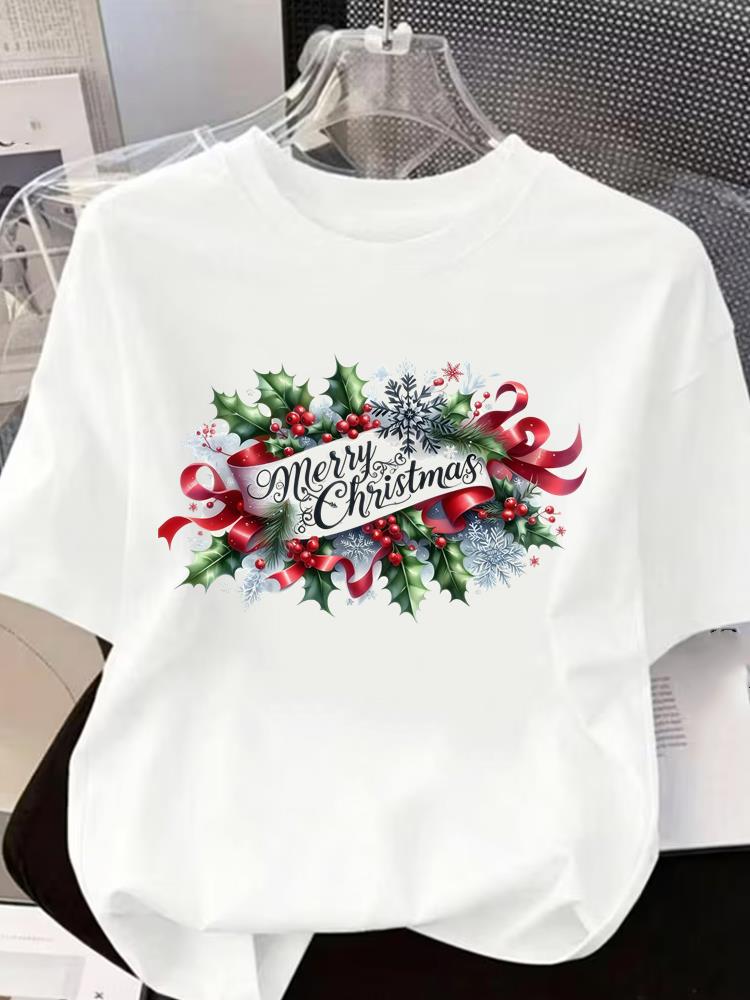 (Asian Size) cartoon Short Sleeve T-shirts Women's Top O-neck T Shirt Print Merry Christmas Fashion Casual New Year Clothing Graphic Tee