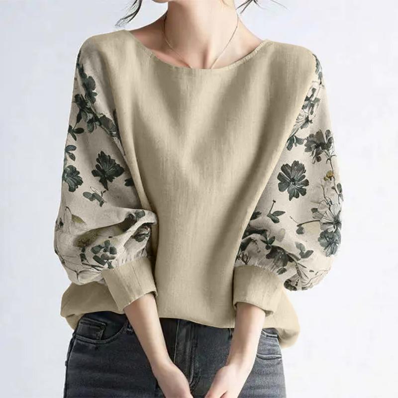 ZANZEA Women Print Splice Long Sleeve Loose Casual Blouse