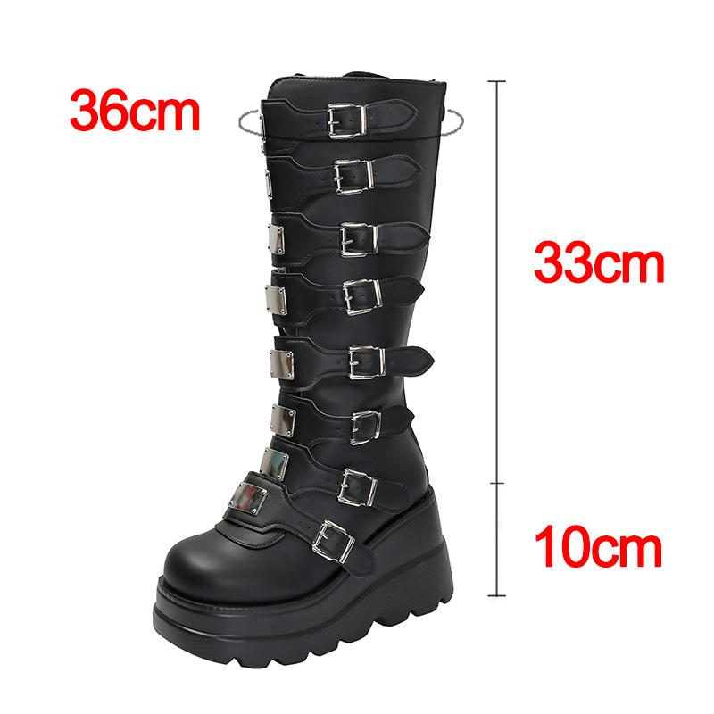 Fashion Gothic Black Platform Combat Boots Women Punk Style Metal Buckle Motorcycle Boots Woman Thick Bottom PU Leather Knee High Boots