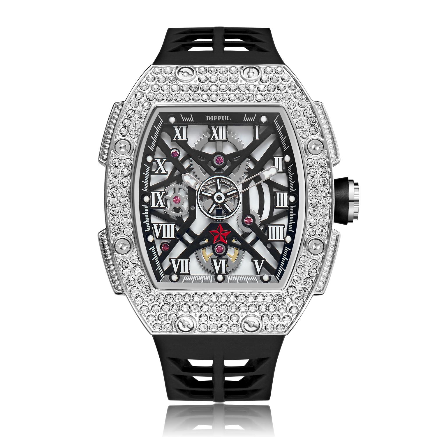 Luxury Iced Tonneau Barrel Shape Full Diamond Men s Automatic Watch 20mm Alloy Band Full Skeleton Analog Dial Wrist Watch tonneau