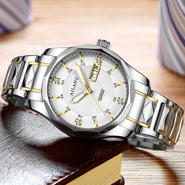 AILANG Montre mécanique entièrement automatique pour hommes Montre pour hommes Mode Double Calendrier Pierre Acier Montre étanche