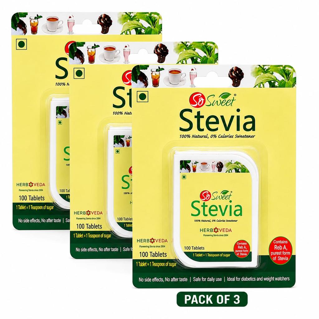 So Sweet Stevia Dolcificante 100% Naturale Senza Zuccheri per Diabetici - 300 Compresse - Confezione da 3 (100 Ciascuno)