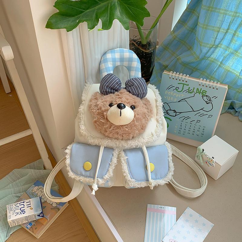 Plush Cartoon Bear Dog Bunny Backpack For Teens With Drawstring Closure And Vintage Details