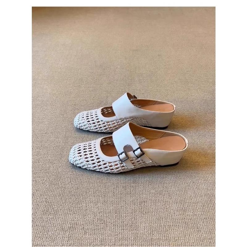 Women Women Summer Square Toe Double Buckle Wedge Heel Slip On Retro Breathable Outdoor Slides
