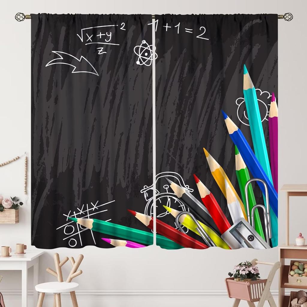 Kids Cartoon Pencil Curtains Colorful Crayons Art Printed School Curtain Nursery Bedroom Living Room Home Polyester With Rod Pocket Washable Sitting