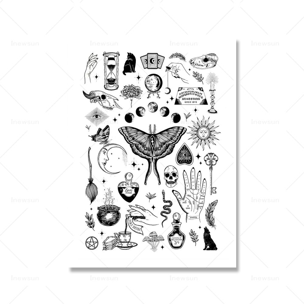 Moon Tarot Card Zodiac Chart Wall Art Mural Retro Occult Tattoo Flash Sheet Canvas Painting Witchy Palmistry Posters Wall Decor