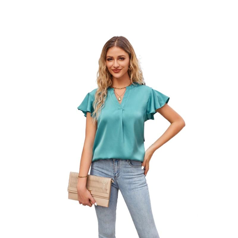Summer T-shirt European and American New Product Women's Satin V-neck Ruffle Sleeve Fashion Office Work Top S-2XL