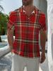 Men's Short-Sleeve Polo Shirt with Full-Body Red Plaid Print - Button-Up Lapel Collar, Minimalist Casual Summer Beachwear Suitable for Dates,