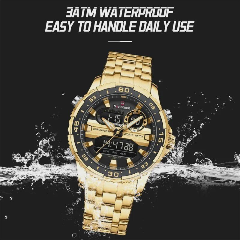 Fashion Golden Men Watch Multi-functional Quartz Wrist Watches Quartz Analog + LED Digital Movement Waterproof Steel Strap
