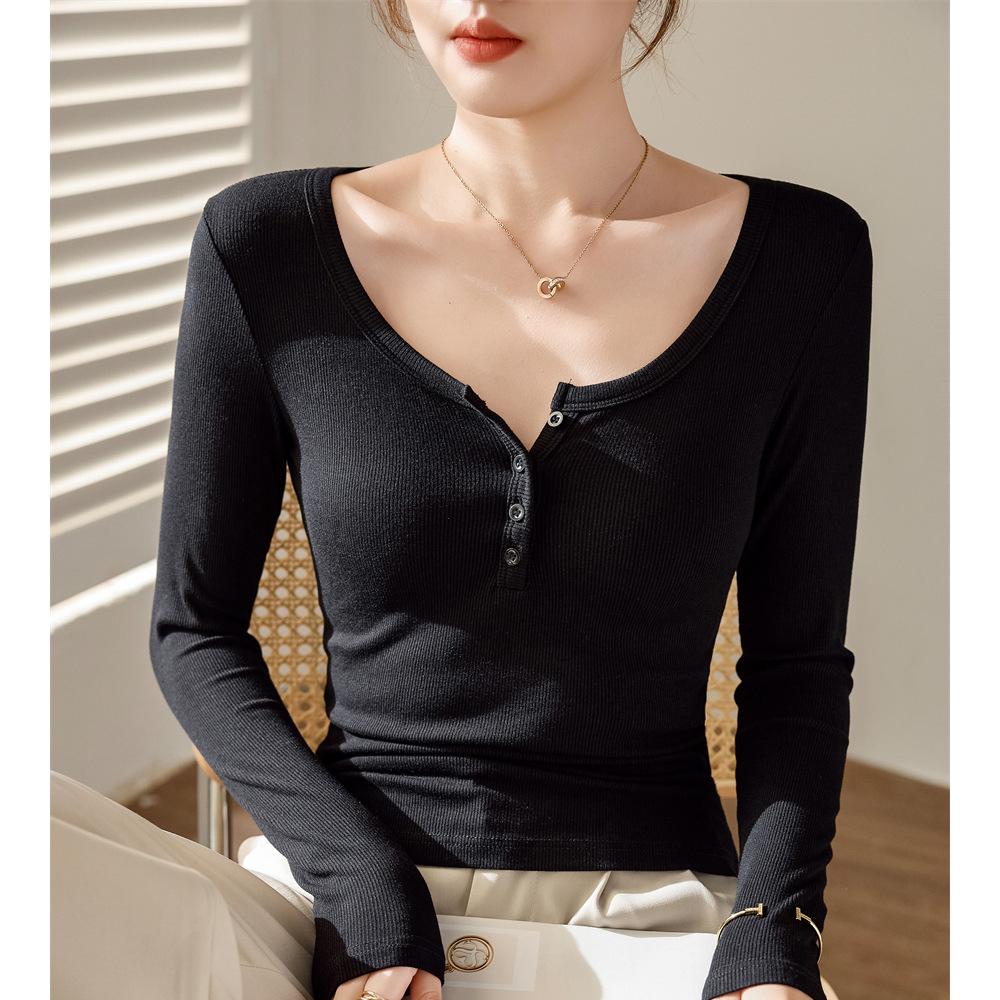 Women's High-elastic Threaded Shoulder Buttons for Autumn and Winter Pure Lust Style Long-sleeved Slim Base Shirt