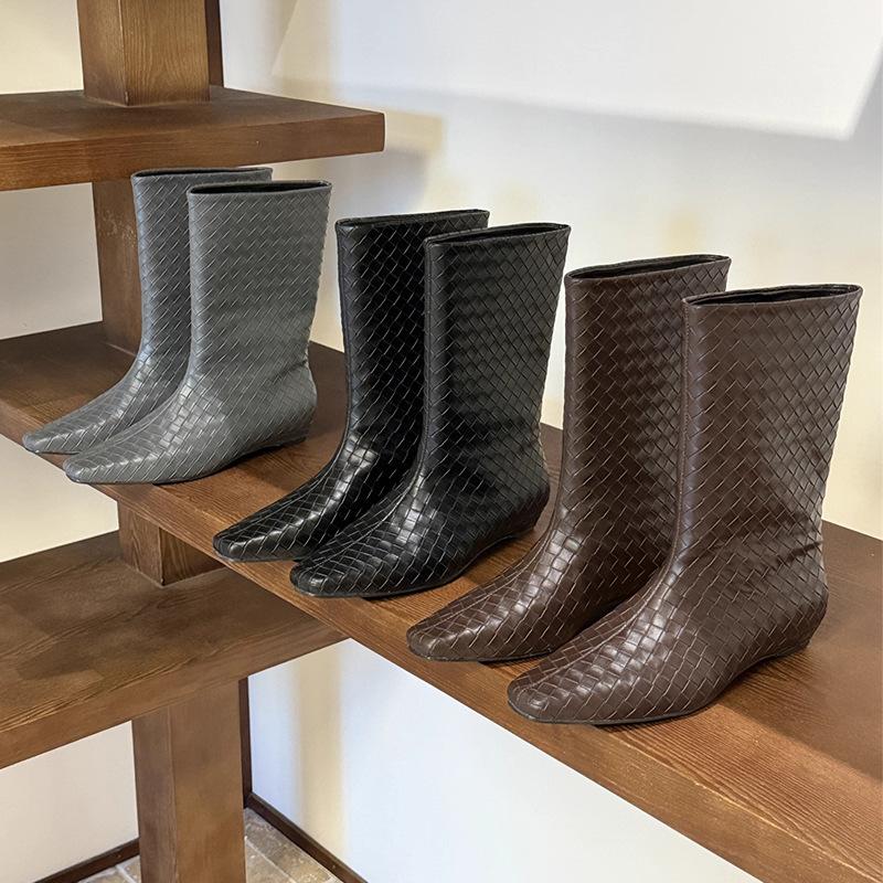 Cowhide version~ Fashion square head woven wide tube wedge short boots women's versatile medium boots French retro thin women's boots