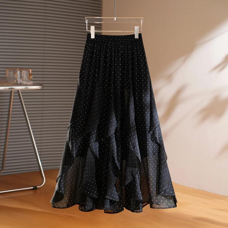 women polka dot ruffle tulle maxi skirt elastic waist casual flowy a-line skirt S