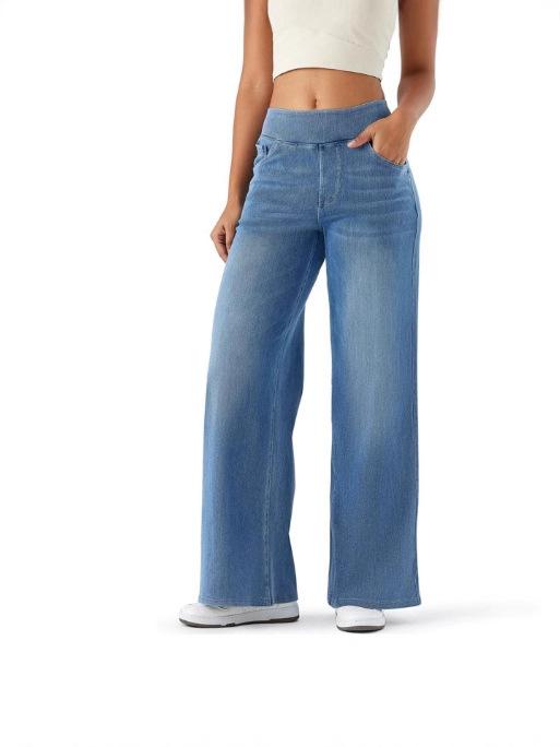 Women Jeans With Pockets Elastic High Waist Solid Color Full Length Pants Straight Wide Leg Trousers Denim Sweatpant